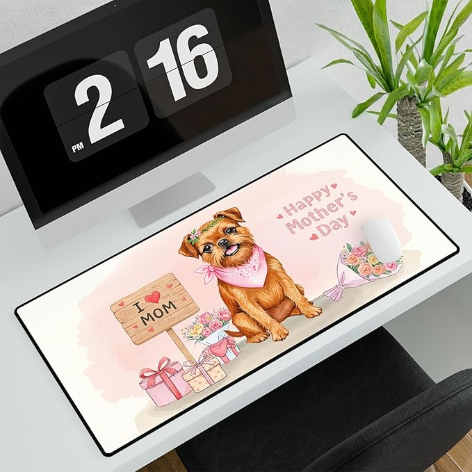 Happy Mother's Day Brussels Griffon Love Dog Mom Heart Flower Desk Mat Full Keyboard Mouse Pad Griff Dog Lover Large Mousepad 12004