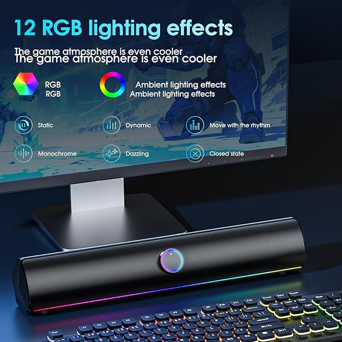 Computer Speakers for Desktop PCComputer Sound bar2600mAh PC SoundbarBass BoostHiFi Stereo Bluetooth Desktop Speakers with Touch Buttons for LaptopsPhoneGreat for GamersFamilies