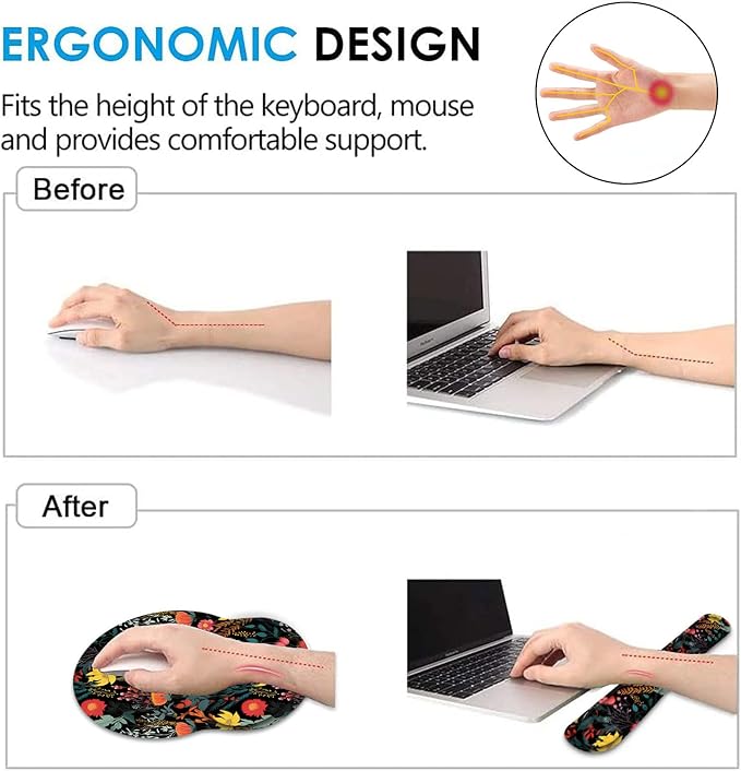 Keyboard Wrist Rest and Mouse Pad Wrist Support Set with CoasterErgonomic Mouse PadComfortable for Easy Typing Pain ReliefMemory Foam Keyboard Pad Set for Laptop MacBeautiful Floral