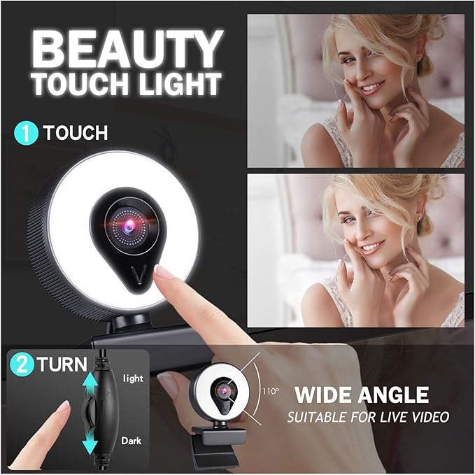 Web Camera Webcam 4K 2K 1080P with Microphone Auto Focus Web Camera 3 Grades Ring Light Beautify Lighting Video for Live Broadcast Web Cam for Gaming Video Calling Recording (Color : 1080P)