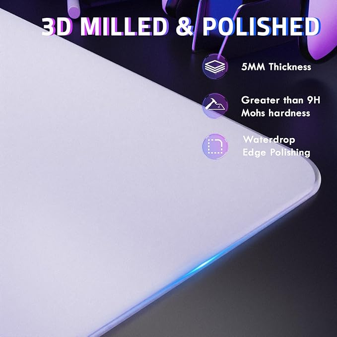 ATTACK SHARK CM05SE Tempered Glass Mouse Pad 9H Hardness Anti-Scratch Nano Etched Ultra-Smooth Surface Non-Slip PU Base High Accuracy Fast-Moving 410×310×5mm for FPS Esports/Office - White