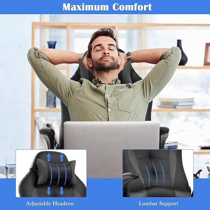 Gaming Desk Chair PC Gaming Chair Gamer Chair Comftorable Ergonomic PU Leather Computer Office Chair with Lumbar Support Flip Up Arms High Back Executive Gaming Stuff for Girl Kids Adults (Grey)