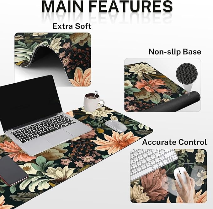 Arttown Spring Flower Desk Mat Leaves Floral Colorful Mouse Pad Set 4 in 1 Ergonomic Design Large Mousepad + Keyboard Wrist Rest + Mouse Wrist Rest + Coaster Suitable for Home Office Study Game