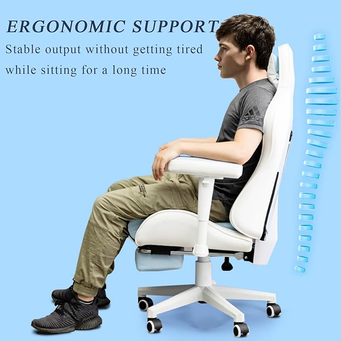 Comfy Ergonomic Gaming Chair with Footrest - Ultimate Comfort &amp Support for Home Office Gaming Neck &amp Lower Back Pain Relief Blue 26.8x20.1x51.6 in