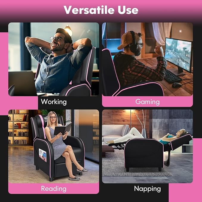 GYMAX Gaming Recliner Massage Gaming Chair w/Adjustable Footrest Remote Control &amp Side Pocket Ergonomic Game Lounge Chair Racing Style Single Theater Seat Game Sofa for Adults (Pink)