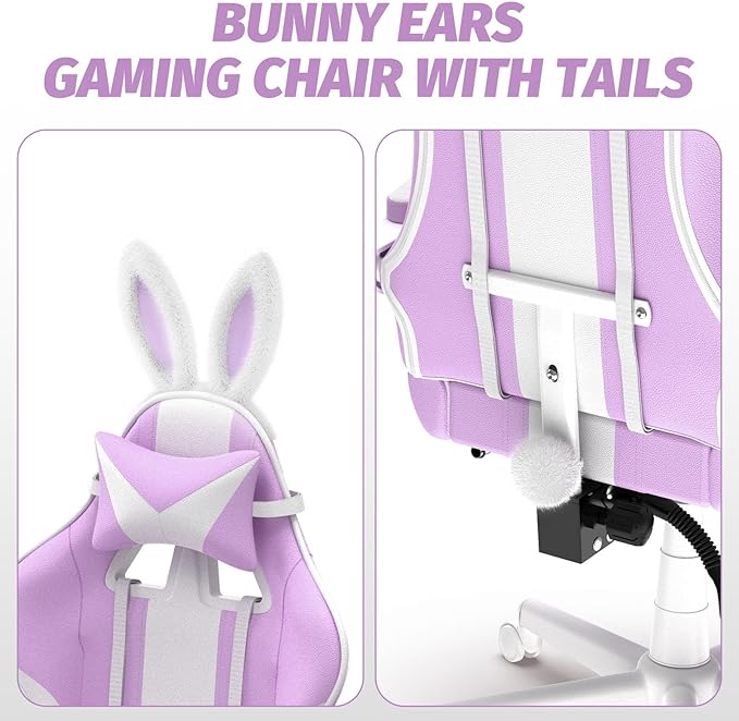 Ferghana Kawaii Light Purple Gaming Chair with Bunny Ears Ergonomic Cute Gamer Chair with Footrest and Massage Racing Reclining Leather Office Computer Game Chair for Girls Adults Teens Kids