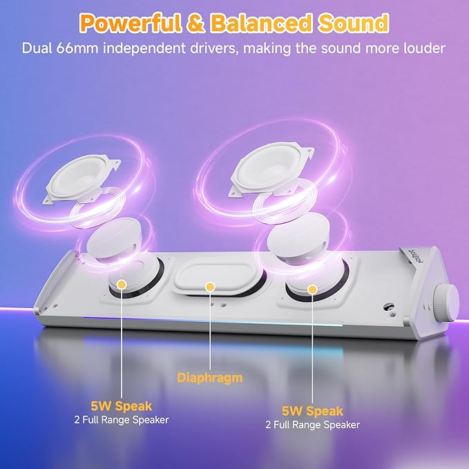 SOULION Computer Speakers USB-Powered Bluetooth PC Soundbar with Dynamic RGB LED Lights Surround Sound for Desktop Laptop Office Work Music &amp Gaming White (USB-C to USB Adapter Included)
