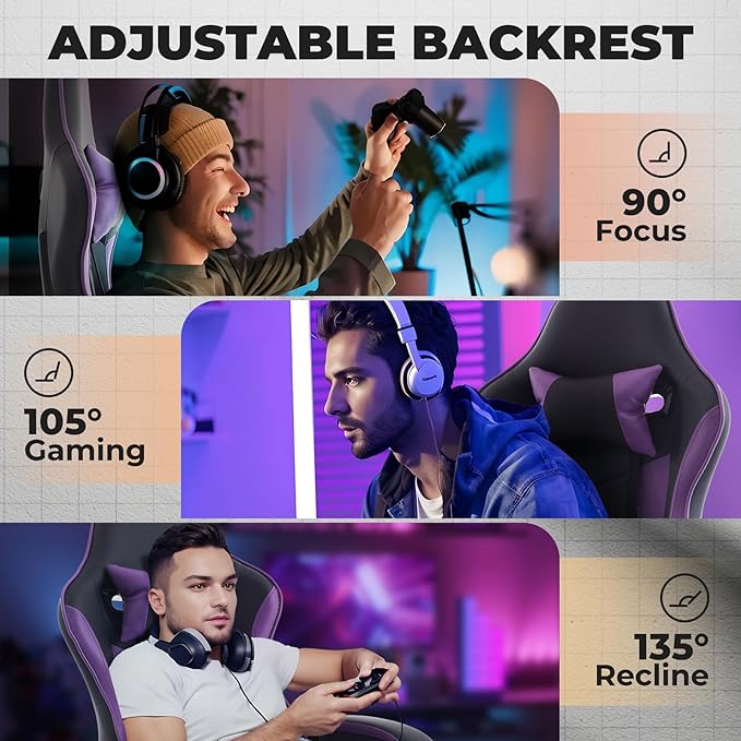 Leather Ergonomic Gaming Chair with Footrest Cute Purple Gaming Chair with Comfortable Headrest &amp Lumbar Support for Adults Women Girls Comfy 300 LBS Capacity (Black+Purple)