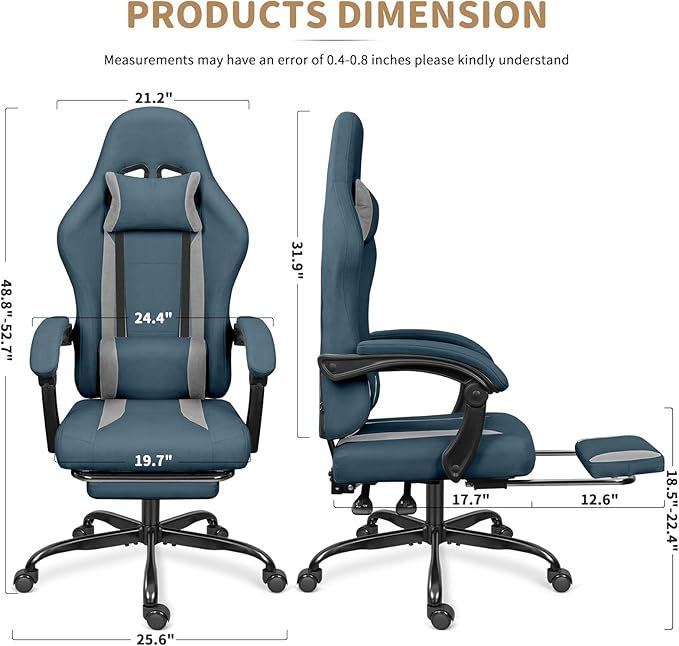Breathable Fabric Gaming Chair with Footrest Height Adjustable Game Chair Video Gaming Chair for Gaming Room Living Room and Office - Blue/Light Grey