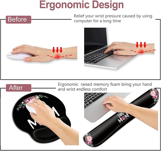 Mouse Pad with Gel Wrist Rest SupportErgonomic Soft Keyboard Wrist Rest to Relieve Wrist Fatigue Cute Dog Mom Floral and Black MousePads Desktop DecorationSuitable for Office Typing Games Mousepad