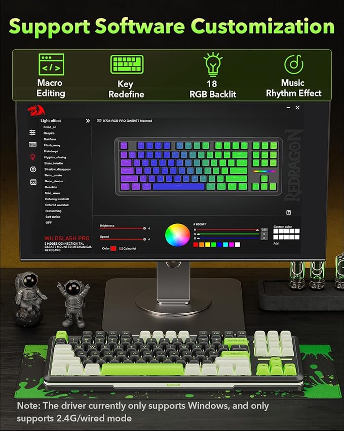 Redragon K734B Wireless Mechanical Keyboard3-Modes Bluetooth Gasket Hot Swappable TKL RGB Custom KeyboardPre-lubed Switches 81 Keys PBT Keycaps South-Facing LEDs Socket
