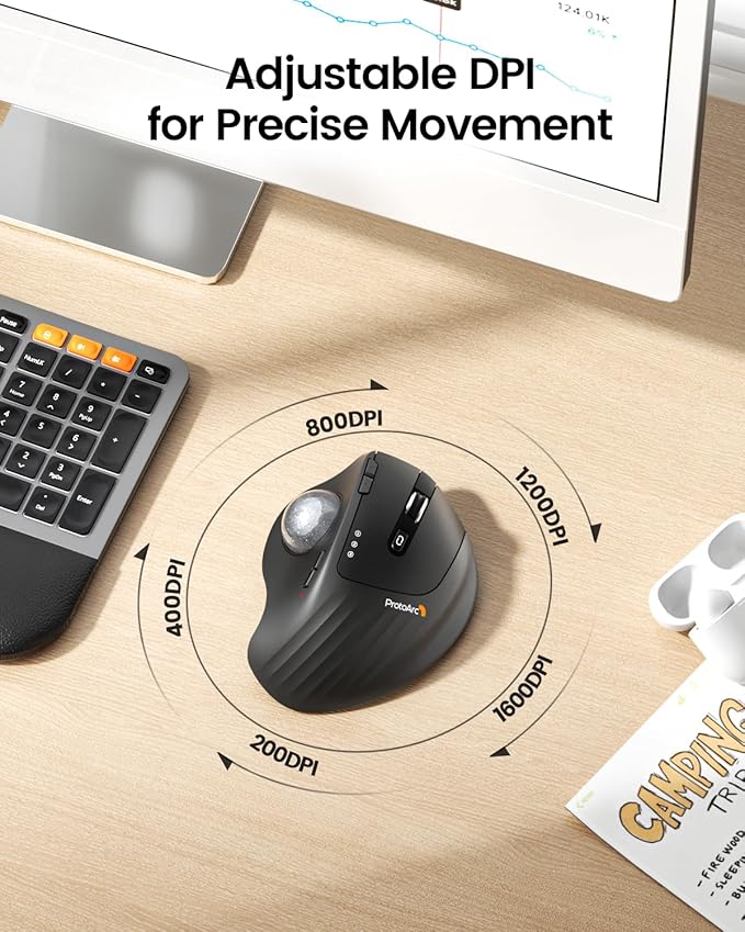 ProtoArc Wireless Trackball Mouse EM01 NL Ergonomic Bluetooth Rollerball Thumb Rechargeable Computer Laptop Mouse Adjustable Angle &amp 3 Device Connection for PC Mac Windows-Silver Ball