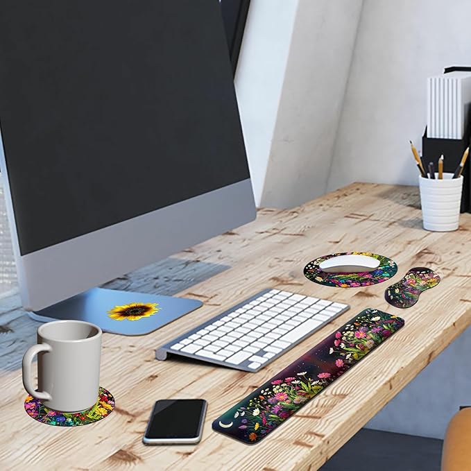 Mouse Pad with Wrist Rest + Keyboard Wrist Rest + Gaming Mouse Pad + Coasters Ergonomic Memory Foam Wrist Pad Set with Easy Typing &amp Pain Relief for Computer Laptop Office &amp Home - Floral Flow