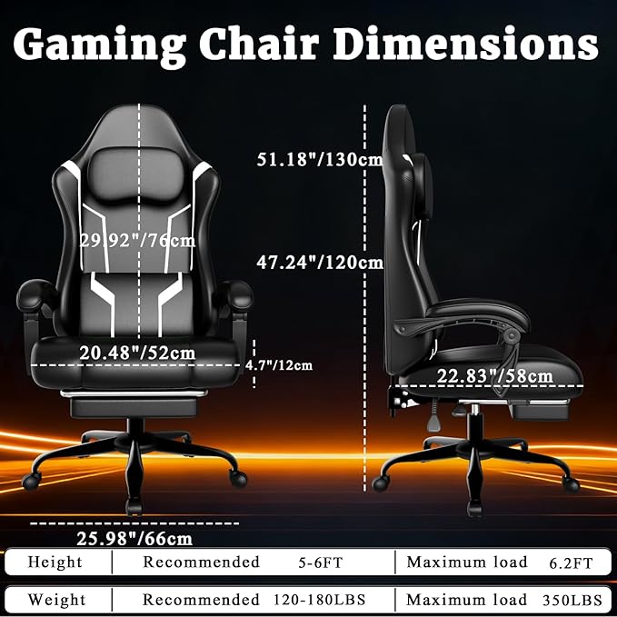 Ergonomic Gaming Chair Video Game Chair with Pocket Spring Cushion and Footrest Height Adjustable Computer Chair with Swivel Seat and Headrest (White)