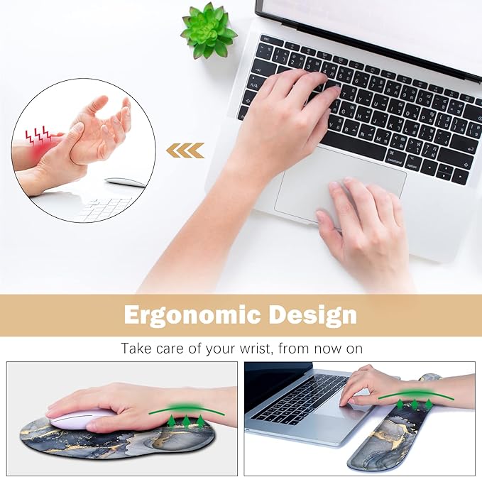 ARTSO Large Mouse Pad Ergonomic Keyboard Wrist Rest Support Combo Memory Foam Gel Extended Desk Mat Protector Non-Slip Desk Blotter Dark Blue Marble