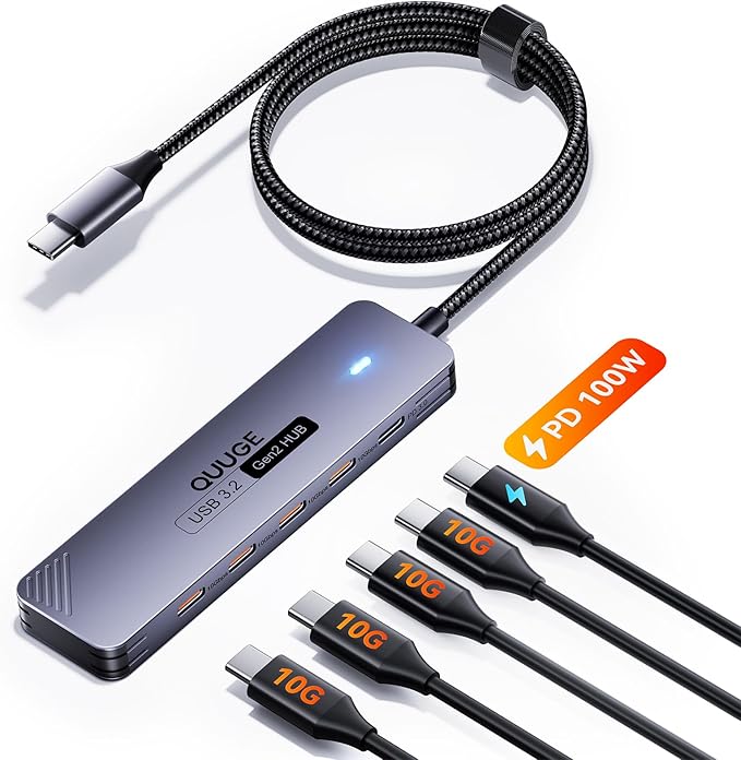 USB C Hub 10Gbps QUUGE 5-in-1 USB Splitter with 4 USB-C 3.2 and PD 100W Charging Fast Transfer Aluminum Multiport Type-C Adapter with 100cm Nylon Cable for MacBook Air/Pro iPad Surface Pro XPS