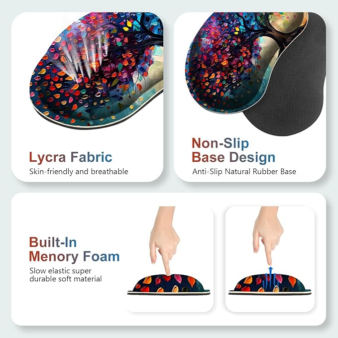 Large Gaming Mouse Pad Set 4 in 1 Ergonomics Keyboard Desk Mat with Memory Foam Wrist Rest Computer Extended Game Mousepad Non-Slip Desk Matt Easy Typing Pain Relief I Colorful Tree Leave
