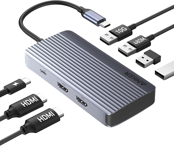 Anker 7-in-1 USB-C Hub Dual Monitor USB C Docking Station Dual HDMI Display 85W Max Output 10Gbps Data Transfers for Dell XPS ThinkPad T14 Gen2 and More
