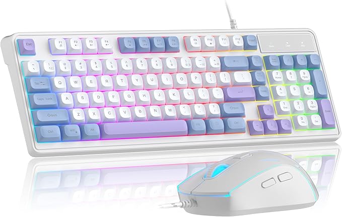 Wire Gaming KeyboardCreamy Keyboard and Mouse Combo 7 Colorful Rainbow Backlight Classic Gaming Keyboard (White &amp Blue &amp Purple)