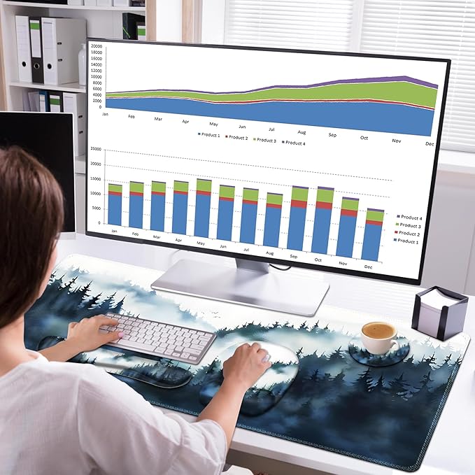Large Mouse Pad Keyboard Wrist Rest Set Ergonomic Mouse Pad with Wrist Support Desk Mat with Stitched Edges + Coaster Extended Desk Pad Waterproof Desk Mat for Home Office Game I Misty Forest