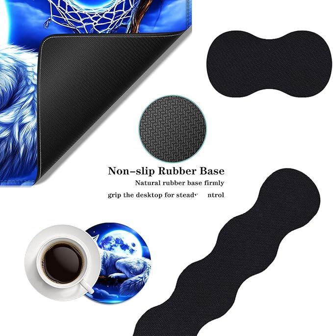 Mouse PadLarge Desk Mat Set 4in1 XL Mousepad + Keyboard Wrist Rest+Mouse Wrist Rest+Coaster with Ergonomic Desk Pad for Home Office Table Computer Cover -Wolf Moon Dreamcatcher