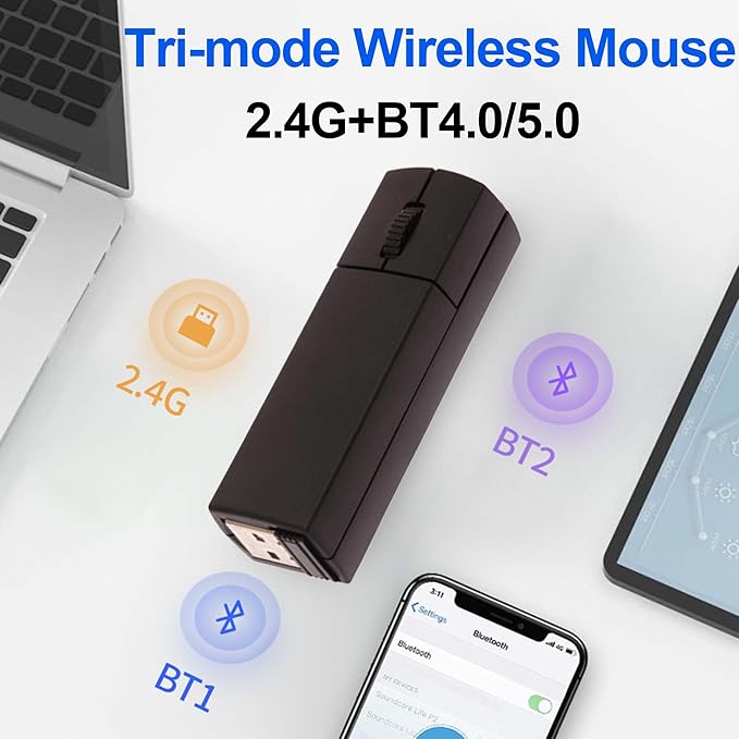 Wireless Bluetooth Mouse Mini 3-Mode (BT4.0/5.0+2.4G) Noiseless Rechargeable Travel Mice with Mouse Case 3 Buttons 1200 DPI Ultra Lightweight Portable Wireless Mice for Desktop Laptops PC（Black）