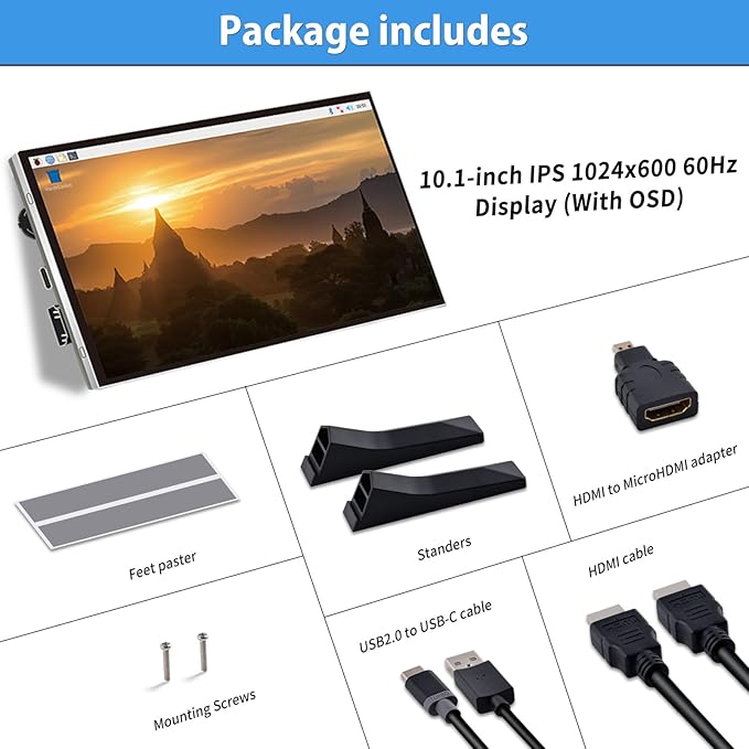 GeeekPi 10.1 Inch LCD Screen for Raspberry Pi 1024x600 IPS LCD Display HDMI Portable Monitor for Raspberry Pi 5/Pi 4B/3B+/3B/B+/Zero/400 Win11/10/8/7 Free Driver (Non-Touch)