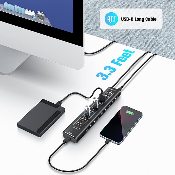 Rosonway 10-Port Powered USB 3.2/USB C Hub 60W with 3x10Gbps USB-3.2 Ports (2C + 1A) 4 USB 3.0 Data Ports 1 USB-C PD and 2 USB-A Fast Charging Ports Aluminum USB Splitter for Laptop/PC RSH-A10QPD