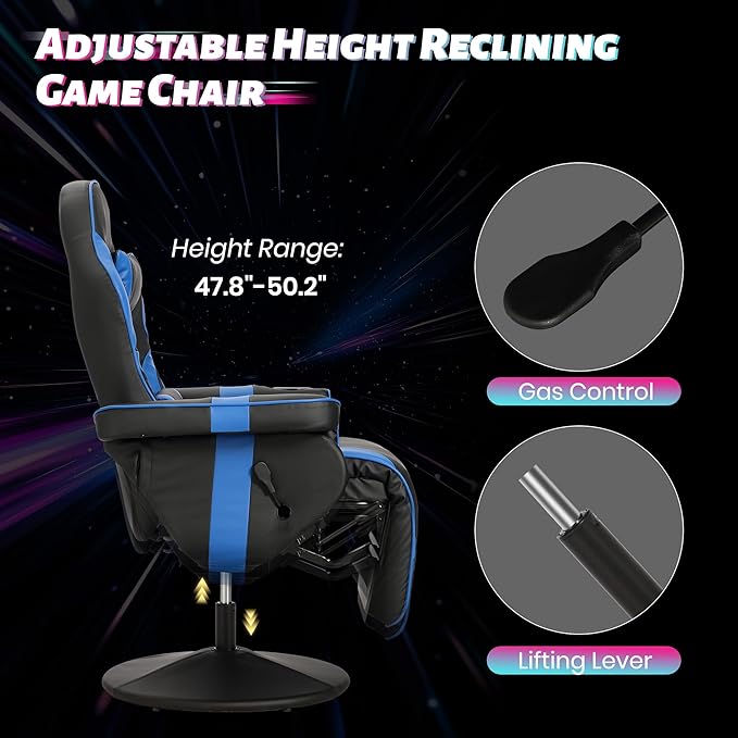 Game Reclining Chair with Adjustable Height PU Gaming Chair with Massage Long Footrest and Lumbar Support High Back Swivel Computer Game Chair for Adult(Blue)