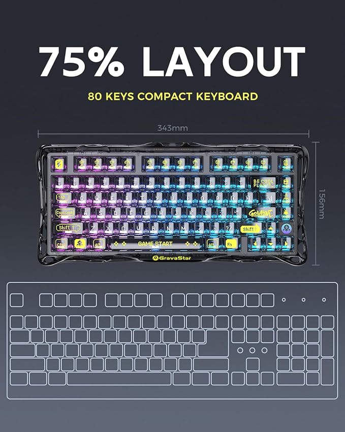 GravaStar Mercury K1 Lite 75% Gaming Keyboard 2.4GHz/BT/Wired Tri-Mode Wireless Keyboard Gasket Hot Swappable Mechanical Keyboard Pre-lubed Linear Switches RGB Backlit (Transparent Black)