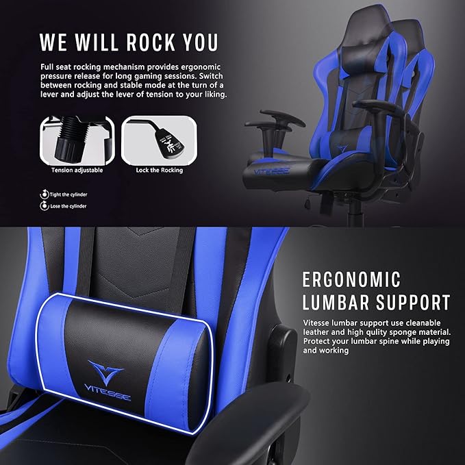 PUKAMI Gaming Chair High Back Gaming Chair for Teens Ergonomic Racing Chair Computer Desk Chair with Massage Lumbar Support and Headrest Girl Gamer Chair with Height Adjustable (Blue)