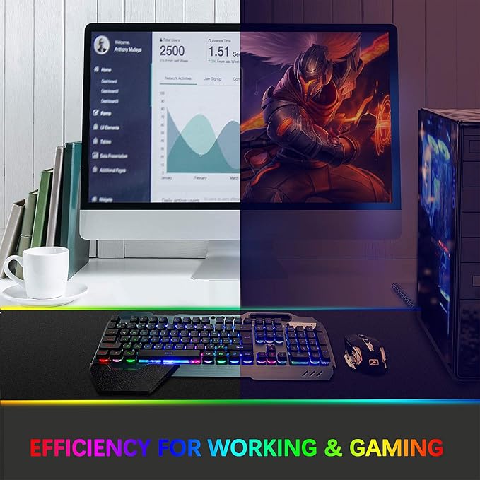 Wireless Gaming Keyboard and MouseRainbow Backlit Rechargeable Keyboard Mouse with 3800mAh Battery Metal PanelRemovable Hand Rest Mechanical Feel Keyboard and 7 Color Gaming Mute Mice for PC Gamers