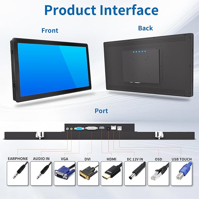 21.5 Inch Industrial Touch Screen Monitor 10 Points Touch Ratio 16:9 Capacitive PCAP Display 1920 x 1080R Active Matrix TFT LCD LED Backlight VGA DVI HD-MI Ports