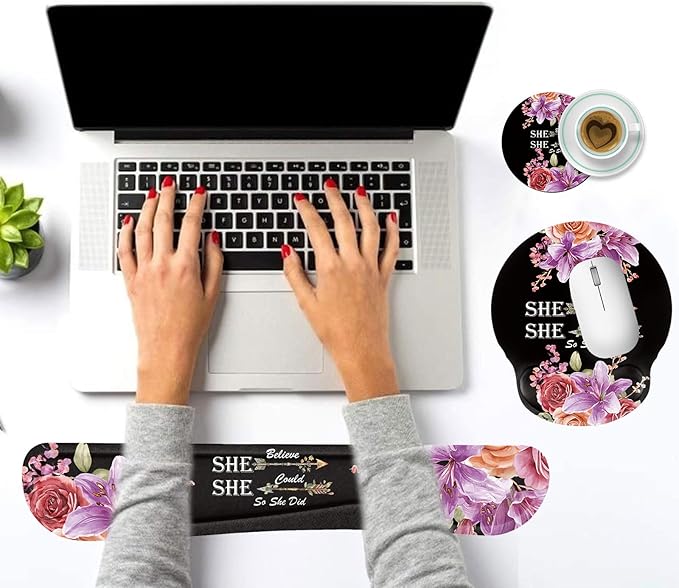 Keyboard Wrist Rest and Mouse Pad Wrist Support Set with CoasterNon-Slip PU Base for Gaming and OfficeComfortable &amp Lightweight for Easy Typing &amp Pain ReliefFlower She Believed She Could So
