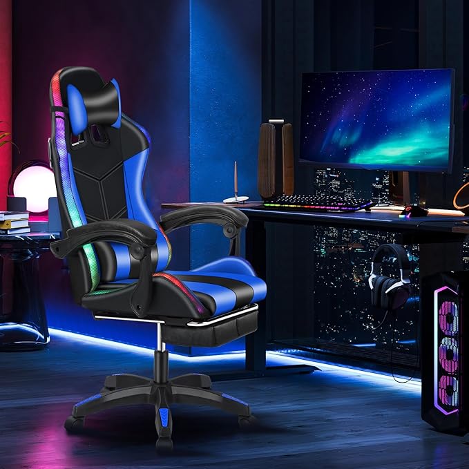 Gaming Chair with LED Lights Ergonomic Massage Computer Chair Video Game Chair Reclining Gaming Chairs with Footrest Chair Gaming High Back Music Video Chair with Lumbar Support (Blue2)