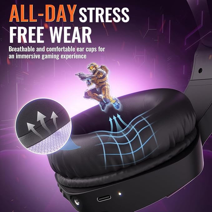 BINNUNE 2.4GHz Wireless Gaming Headset Bluetooth 5.3 Gaming Headphones with Noise Canceling Mic 120H Ultra-Long Battery 50mm Drivers Multi-Platform for PC / PS5 /PS4/ Switch/Mobile Purple