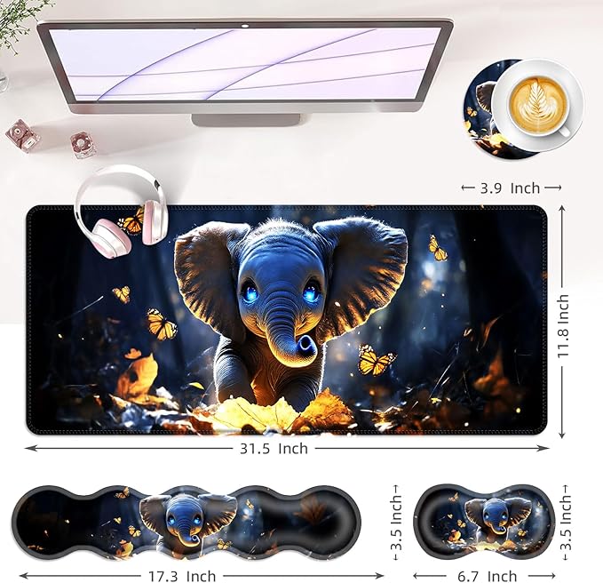 Large Keyboard Mouse Pad Set Extended Mouse Pad+Keyboard Wrist Rest Support Memory Foam Ergonomic Easy Typing 4Pcs (31.5×11.8 in) Desk Pad Set for Office HomeCute Elephant with Butterflies