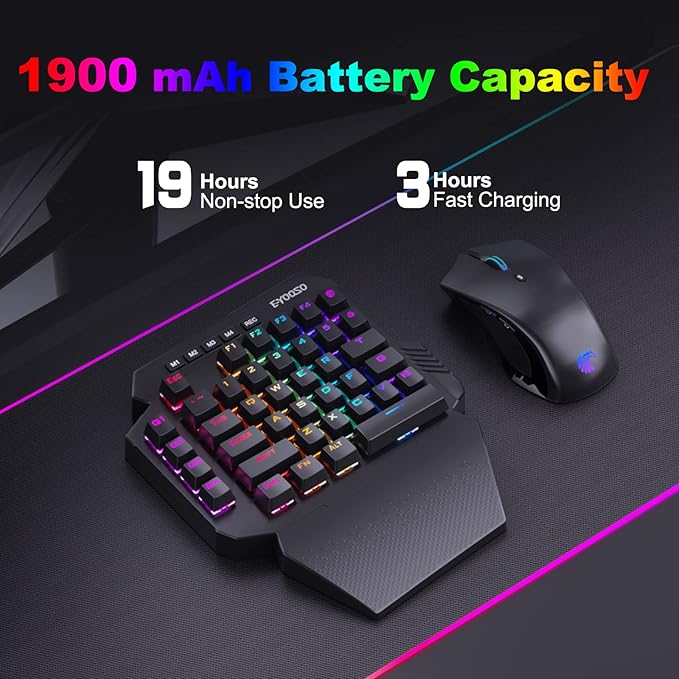 HUO JI Wireless One Handed Mechanical Gaming Keyboard 6 Onboard Macro Keys 2.4Ghz and USB-C Wired Dual Mode RGB Led Backlit Blue Switch Wrist Rest Durable Battery