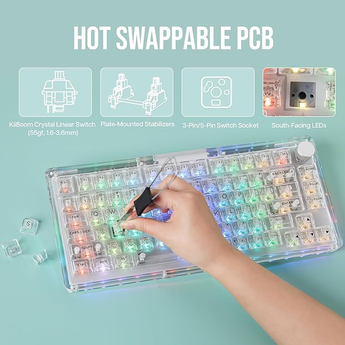 KiiBoom Phantom 81 75% Transparent Mechanical Gaming Keyboard Hot Swappable Custom Gasket Keyboard with RGB Backlit Clear Keycap Rechargeable Battery Triple Mode for Win/Mac (Phantom 81 V3 Clear)