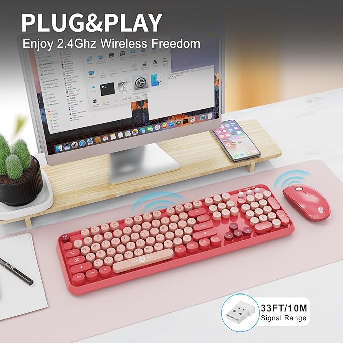 Wireless Keyboard and Mouse Combo 2.4 GHz Wireless Full-Sized Typewriter Keyboard with Round Keycaps for Windows Computer Desktop PC Laptop (BerryPink)