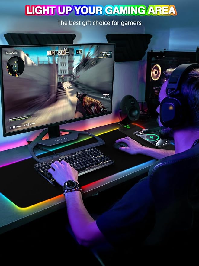 Magnetic Charging Mouse Pad 31.5x11.81 Inch XL Gaming Mousepad 11+5 RGB Lighting Modes Home Office Large Desk Pad with Ultra-Smooth Surface Non-Slip Waterproof Keyboard Pad Classic Black Desk Mat