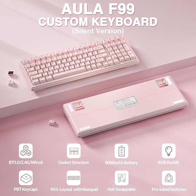 AULA F99 Wireless Mechanical Keyboard-Silent VersionTri-Mode(BT5.0/2.4GHz/USB-C)Gasket StructureHot Swappable Mechanical Keyboard with Pre-lubed Linear SwitchesRGB Backlit PC Gaming KeyboardsPink