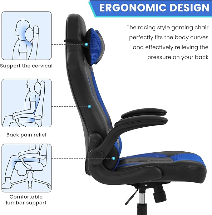 Gaming Chair PU Leather Computer Chair with Flip-up Armrest and Lumbar Support Ergonomic High Back Home Office Chair Comfy Video Game Chair for Home Bedroom Blue