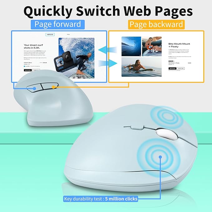 Wireless Silent Ergonomic Vertical Mouse - Dual Mode 2.4G/Bluetooth Rechargeable Type C Pain Relief for Office and Home Use Compatible with Laptop &amp PC (Green)