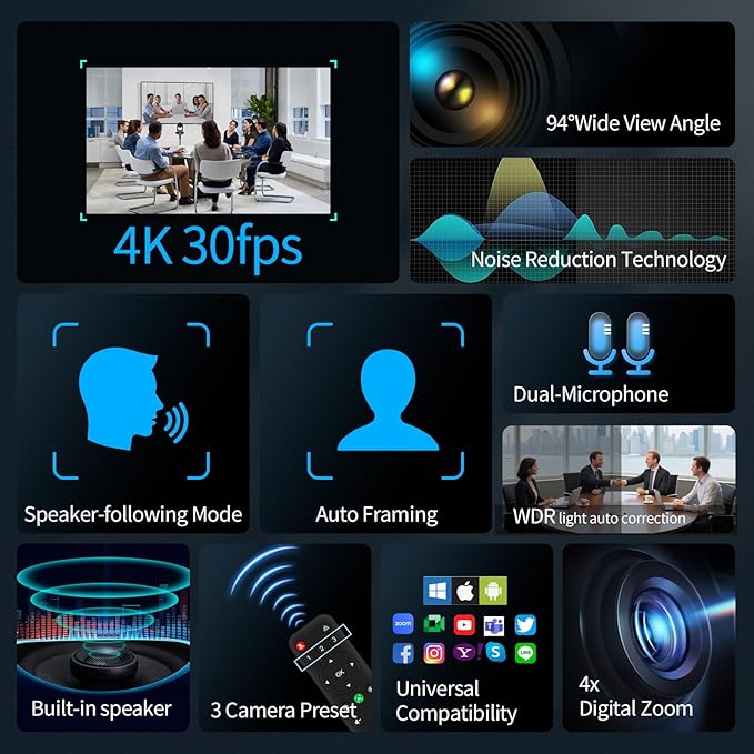 4K All-in-One Video Bar USB Video Conference System 4K 8MP Conference Camera &amp Hi-Fi Speaker &amp 2 Noise-reducing Mics Auto Framing &amp Speaker Tracking 94°FOV Auto Light Correction Plug