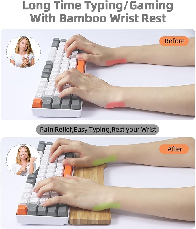 Bamboo Keyboard Wrist Rest for Computer Keyboard Ergonomic Mechanical Keyboard Wrist Rest Hard Wrist Rest for Pain Relief Anti-Slip Keyboard Rest Pad for Laptop/PC Gaming/Mac (68-Key)