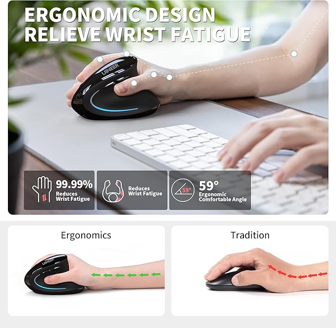 Uineer Ergonomic Mouse Wireless Bluetooth Rechargeable Vertical Mouse 7 Color LED 4 DPI Adjustable USB-A Wrist Strain ReliefOptical Mice for Computer/PC/Laptop Black