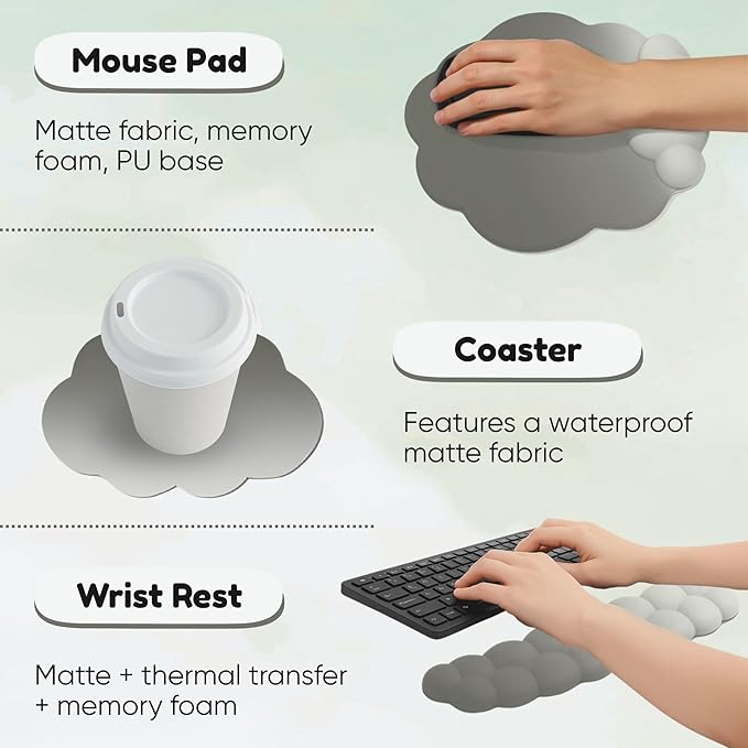 THONIV - Cloud Wrist Rest for Keyboard and Mouse Soft Memory Foam Support with Non-Slip Base Cute Cloud Design for Typing Gaming Office Bonus Coaster Included for Desk Aesthetic (Green Gradient)