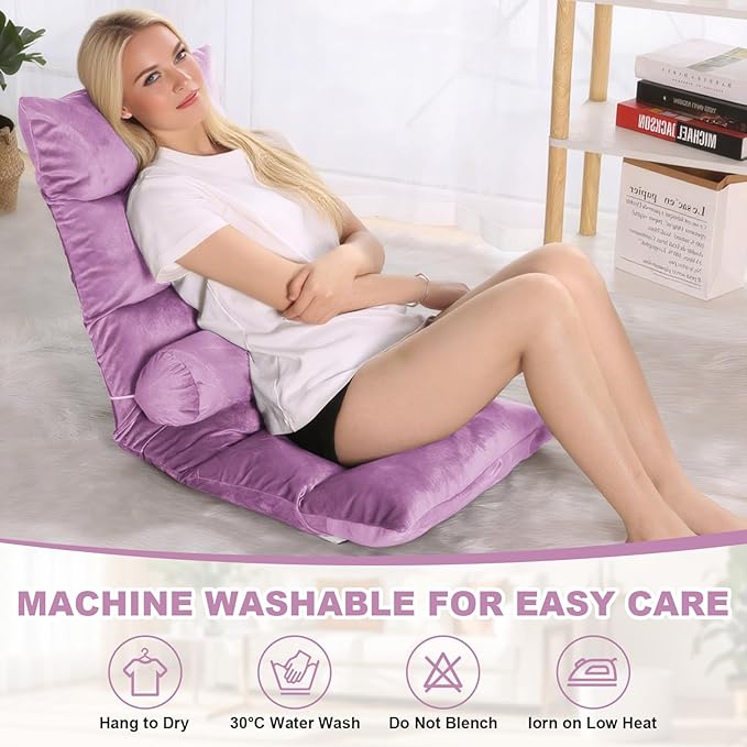 Folding Floor Chair 5-Position Cushioned Adjustable Lazy Sofa Foldable Floor Lounger for Adults Kids Gaming Reading Meditating (Purple)