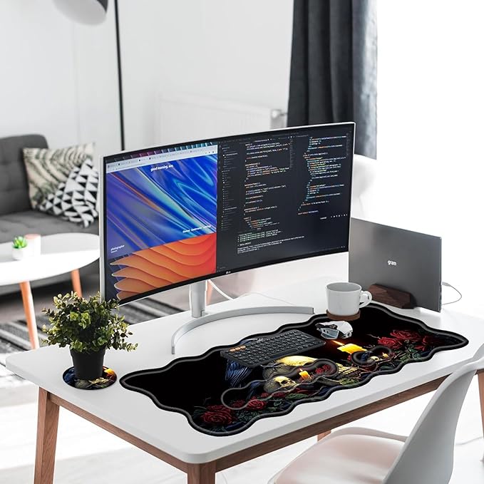 Large Gaming Mouse Pad Keyboard Wrist Rest Pad &amp Wrist Support Mousepad Set Stitched Edge Extended Non-Slip Base Memory Foam Desk Mat for Office HomeRaven on Skull